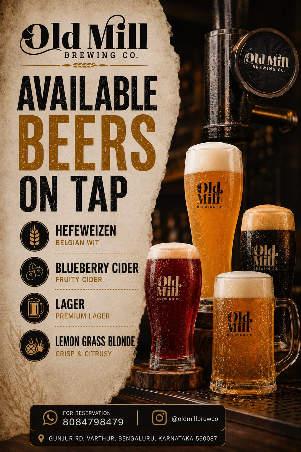Old Mill Brewing Co available beers on tap